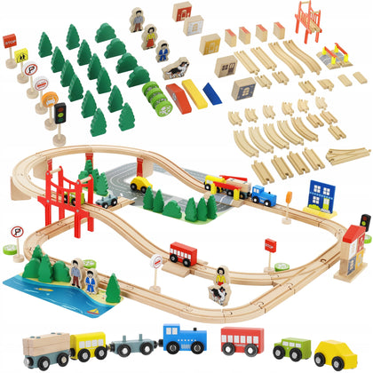 Medinis traukinio su bėgiais komplektas LandToys 92 vnt.