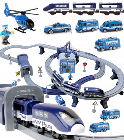 Elektrinis policijos traukinys su automobiliais ir sraigtasparniu